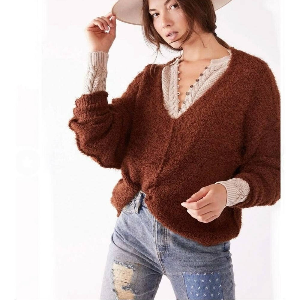 Free People Icing Fuzzy V Neck Sweater In Mocha Java Rust